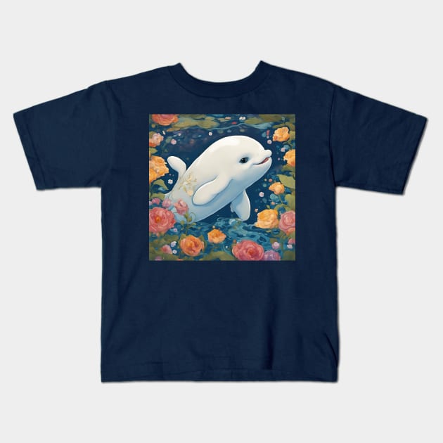 Cute Baby Dolphin Smiling And Swimming In The Ocean Kids T-Shirt by LittleBean